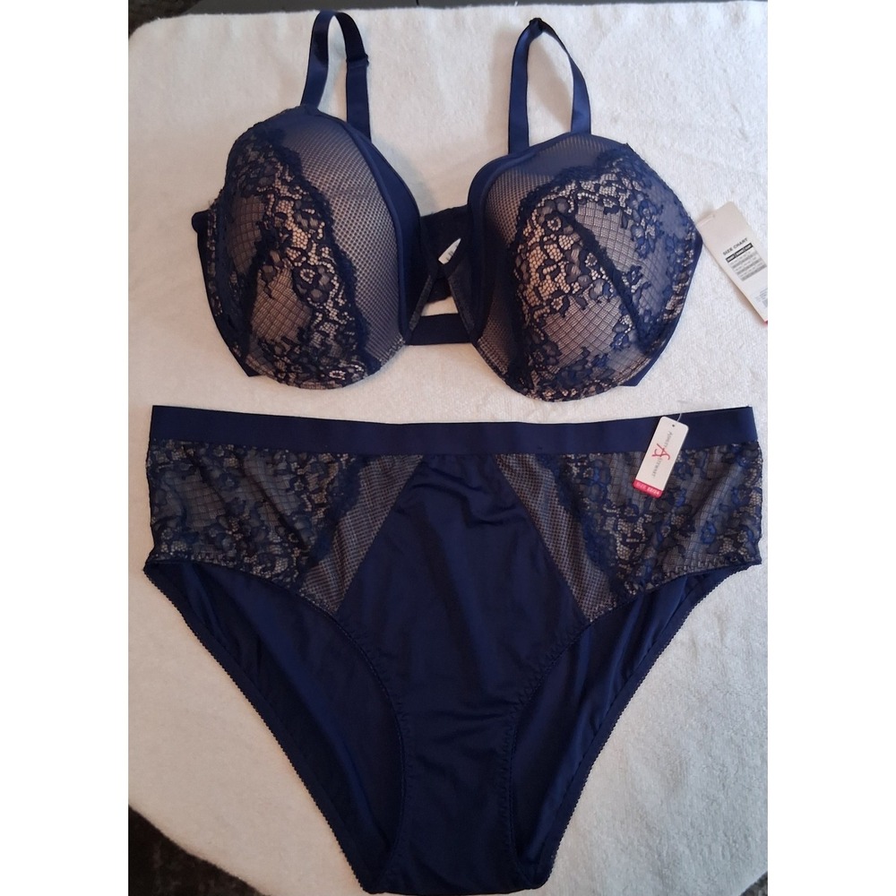 ASHLEY STEWART FUN & FLIRTY Navy  Lace Overlay Bra  46DD Matching Panty 22/24